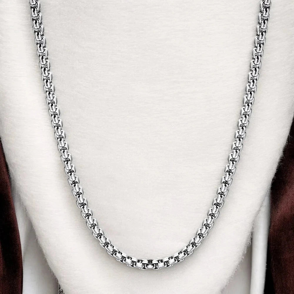 316L Stainless Steel Popcorn Box Link Necklace Chain for Men – Silver Finish - Necklace - Cadeau Craft