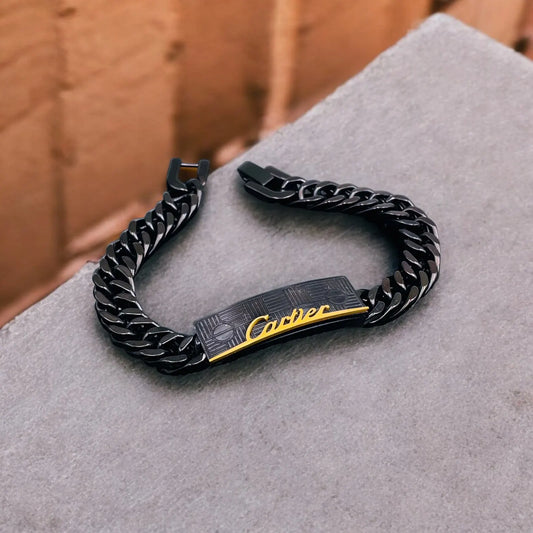 Men's Luxury Two-Tone ID Bracelet – Black & 18K Gold Stainless Steel, Anti-Tarnish Curb Chain