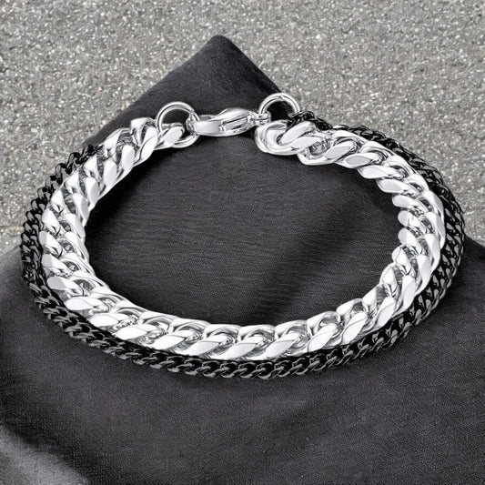 Men's Double-Layer Black & Silver Curb Chain Bracelet – Stylish Stainless Steel Bracelet for Men