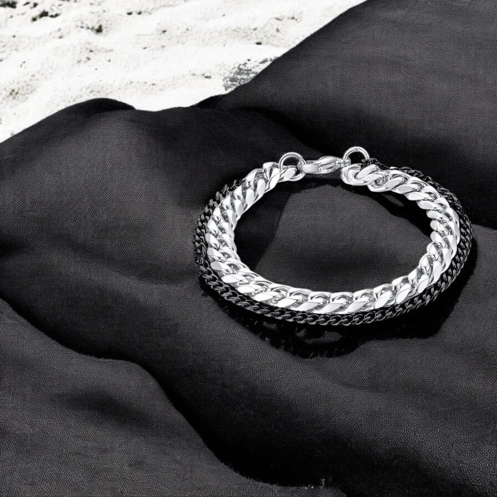 Trendy Black & Silver Bracelet for Men – Durable 316L Stainless Steel with Glossy Finish