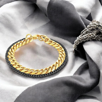 Trendy Double-Layer Stainless Steel Bracelet for Men – Stylish Black & Gold Plated Design