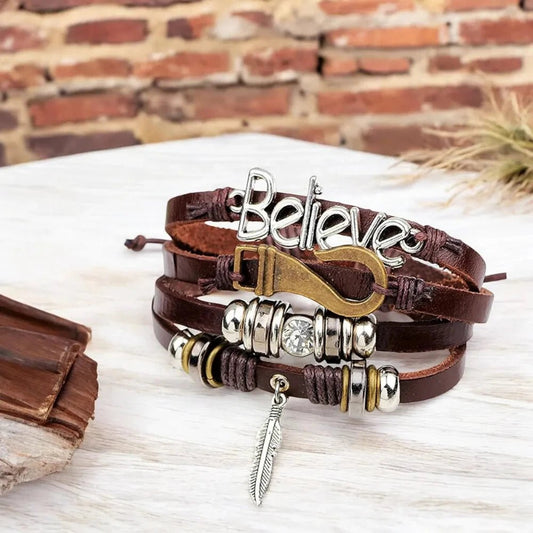 Believe Brown Leather Beaded Multi - Strand Bracelet for Men with Charm - Bracelets - Cadeau Craft