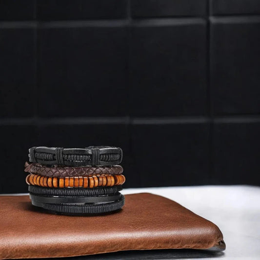 Braided Leather Multi - Strand Beaded Layered Wristband Bracelet for Men - Bracelets - Cadeau Craft