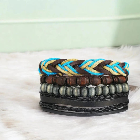 Braided Leather Wrist Wrap Bracelet for Men with Tibetan Beads - Bracelets - Cadeau Craft