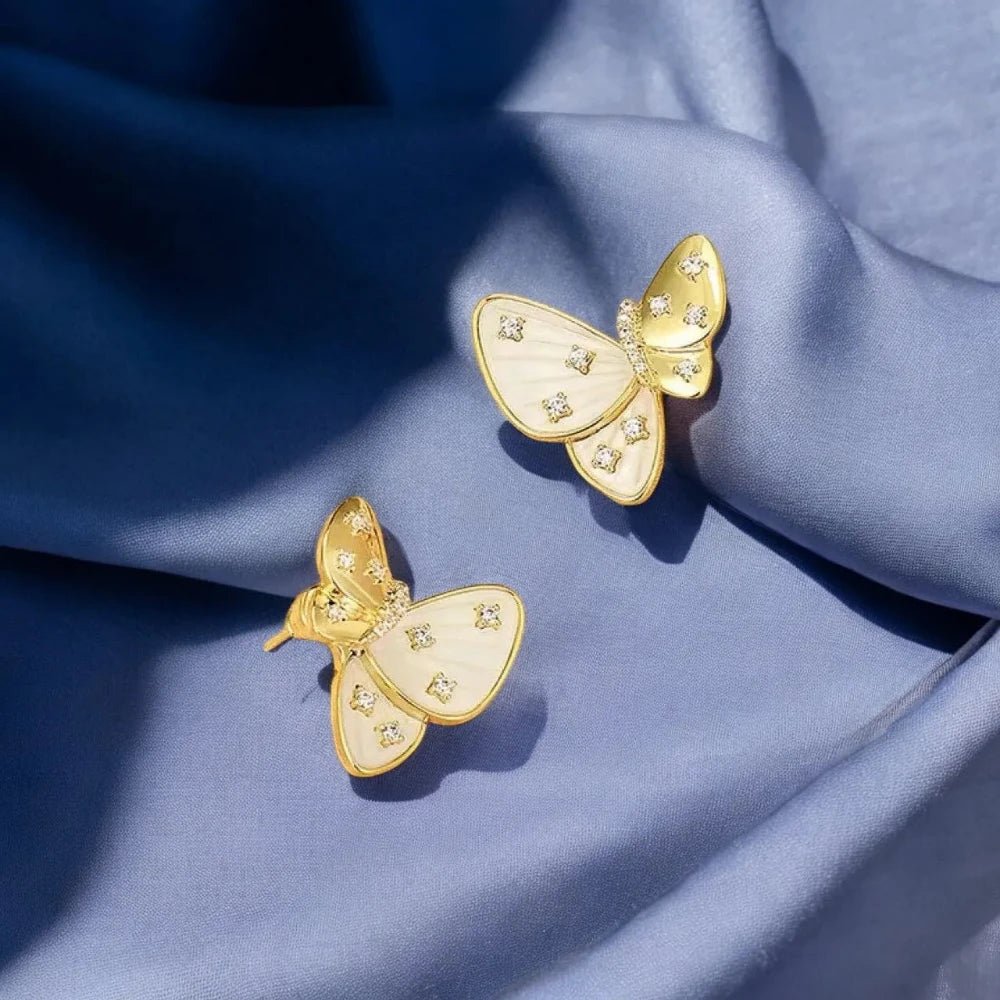 Butterfly Mother of Pearl & Cubic Zirconia Diamond Stud Earrings, 18K Gold - Plated Copper for Women - Earrings - Cadeau Craft
