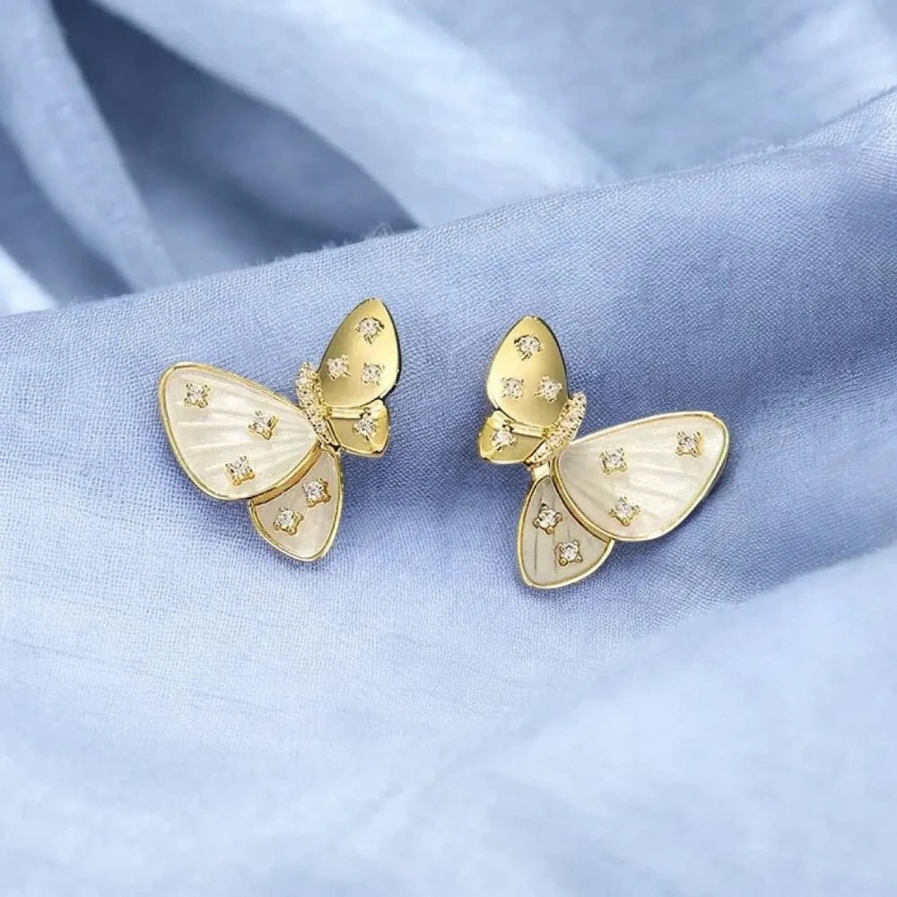 Butterfly Mother of Pearl & Cubic Zirconia Diamond Stud Earrings, 18K Gold - Plated Copper for Women - Earrings - Cadeau Craft