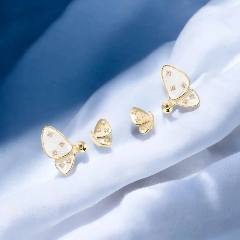 Butterfly Mother of Pearl & Cubic Zirconia Diamond Stud Earrings, 18K Gold - Plated Copper for Women - Earrings - Cadeau Craft