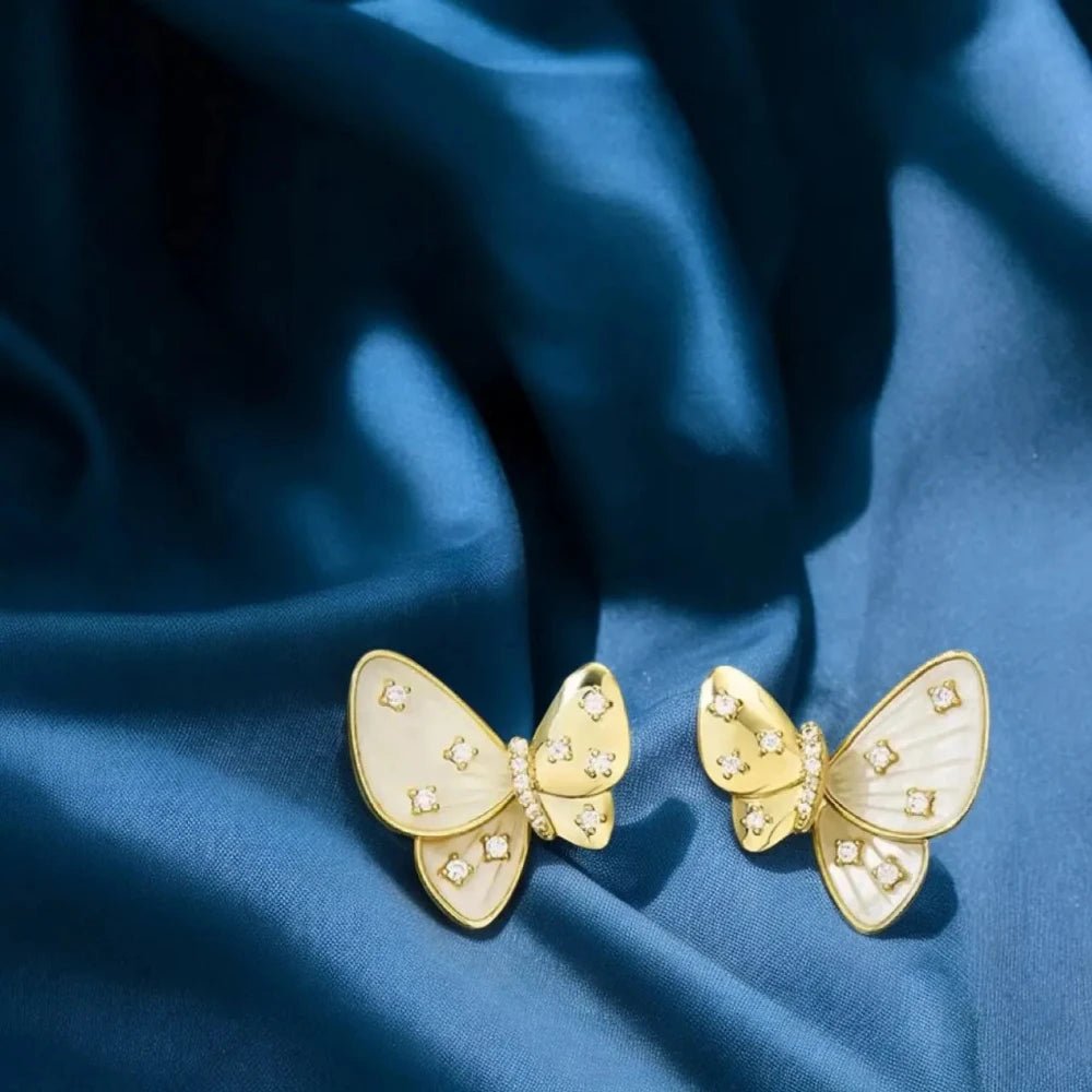 Butterfly Mother of Pearl & Cubic Zirconia Diamond Stud Earrings, 18K Gold - Plated Copper for Women - Earrings - Cadeau Craft