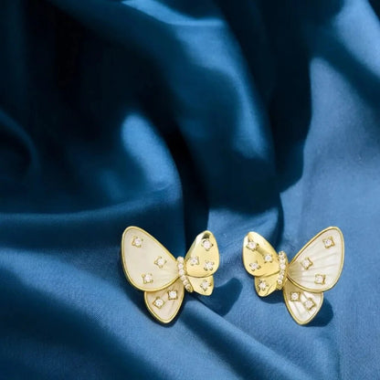 Butterfly Mother of Pearl & Cubic Zirconia Diamond Stud Earrings, 18K Gold - Plated Copper for Women - Earrings - Cadeau Craft