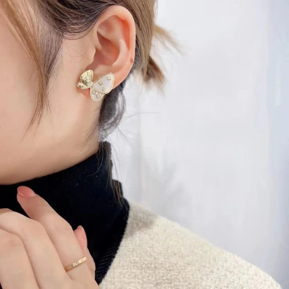 Butterfly Mother of Pearl & Cubic Zirconia Diamond Stud Earrings, 18K Gold - Plated Copper for Women - Earrings - Cadeau Craft