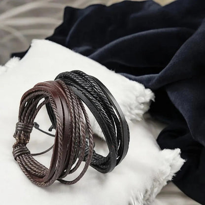 Dual - Strand Braided Black Leather Charm Wristband Bracelet - Bracelets - Cadeau Craft