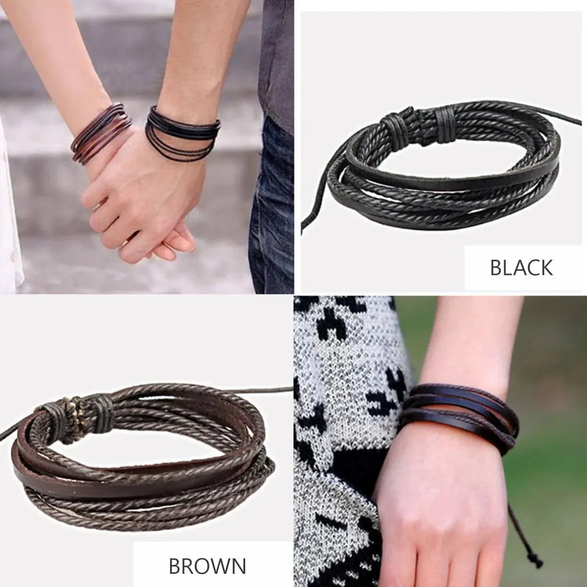 Dual - Strand Braided Black Leather Charm Wristband Bracelet - Bracelets - Cadeau Craft