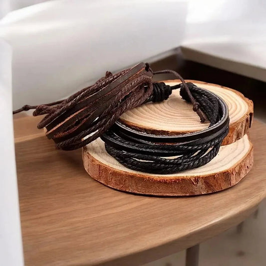 Dual - Strand Braided Black Leather Charm Wristband Bracelet - Bracelets - Cadeau Craft
