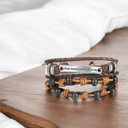 Layered Braided Leather Wrap - Around Beaded Wristband Bracelet for Men - Bracelets - Cadeau Craft