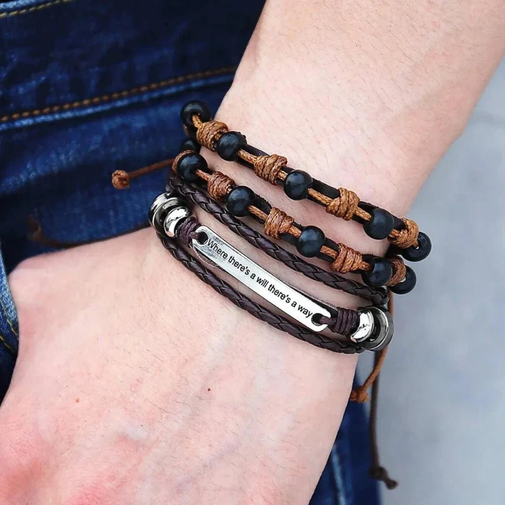 Layered Braided Leather Wrap - Around Beaded Wristband Bracelet for Men - Bracelets - Cadeau Craft