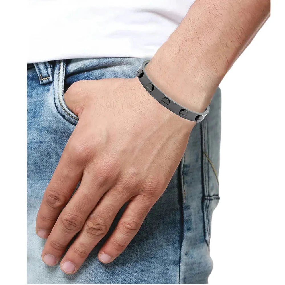 Luxury Men's Black Stainless Steel Kada with Screw Design. - Cuff & Kada - Cadeau Craft