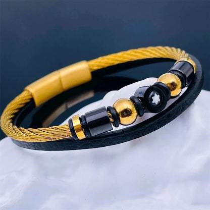 Luxury Stainless Steel Black Leather Layered Bracelet Kada for Men - Bracelets - Cadeau Craft