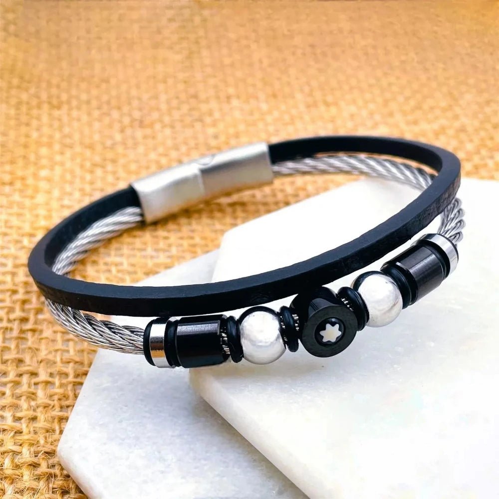 Luxury Stainless Steel Black Leather Layered Bracelet Kada for Men - Bracelets - Cadeau Craft