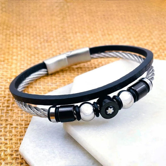 Luxury Stainless Steel Black Leather Layered Bracelet Kada for Men - Bracelets - Cadeau Craft