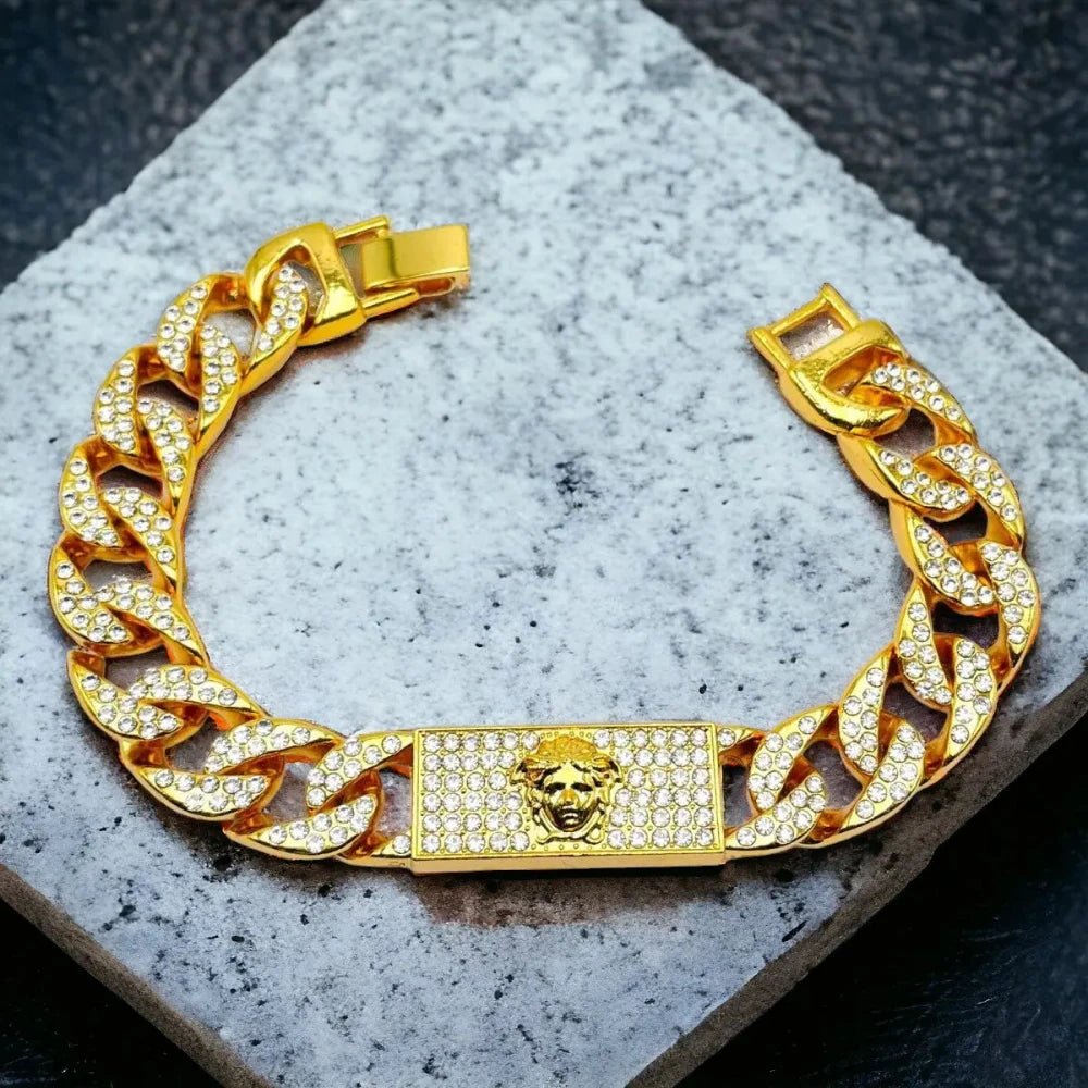 Men's Hip Hop Iced Out Gold Cuban Link Bracelet with Rhinestone - Studded Chunky ID Plate - Bracelets - Cadeau Craft