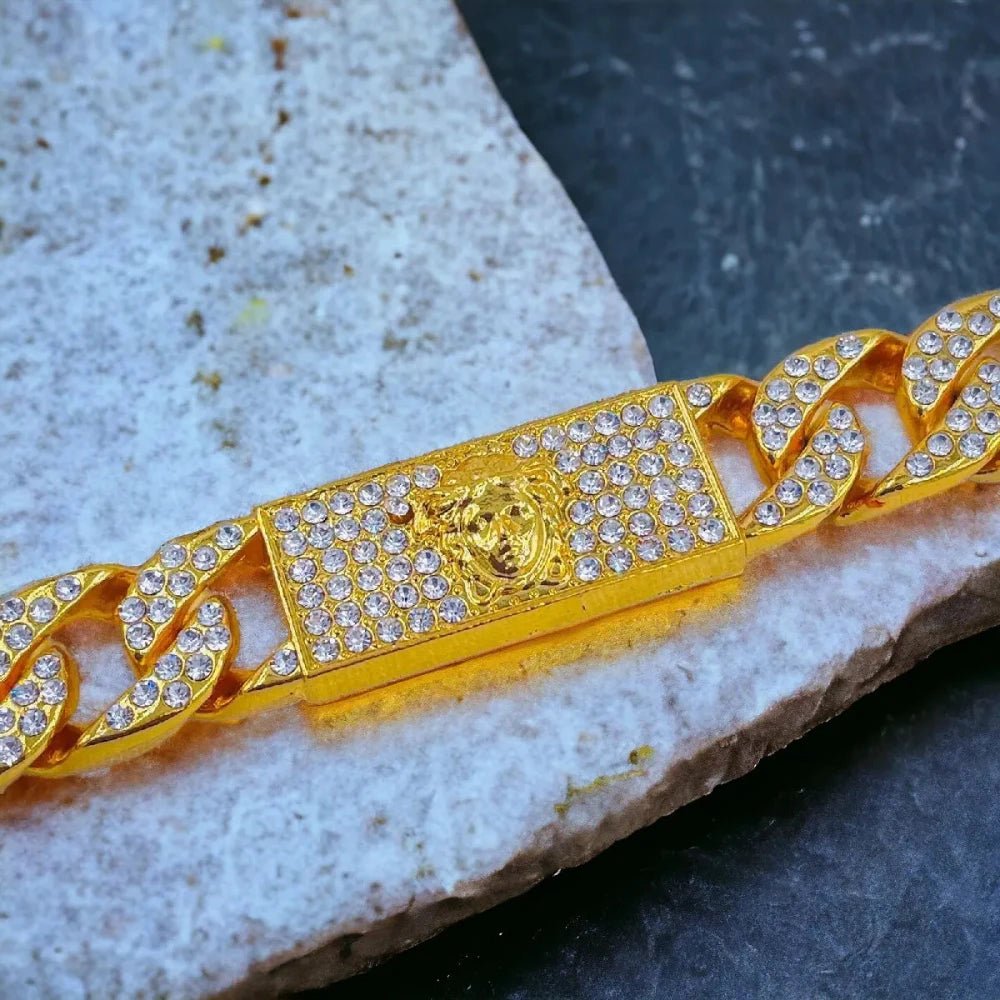 Men's Hip Hop Iced Out Gold Cuban Link Bracelet with Rhinestone - Studded Chunky ID Plate - Bracelets - Cadeau Craft