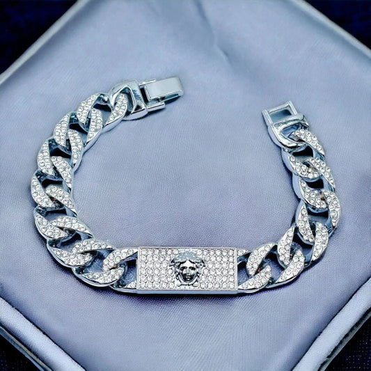 Men's Hip Hop Iced Out Gold Cuban Link Bracelet with Rhinestone - Studded Chunky ID Plate - Bracelets - Cadeau Craft