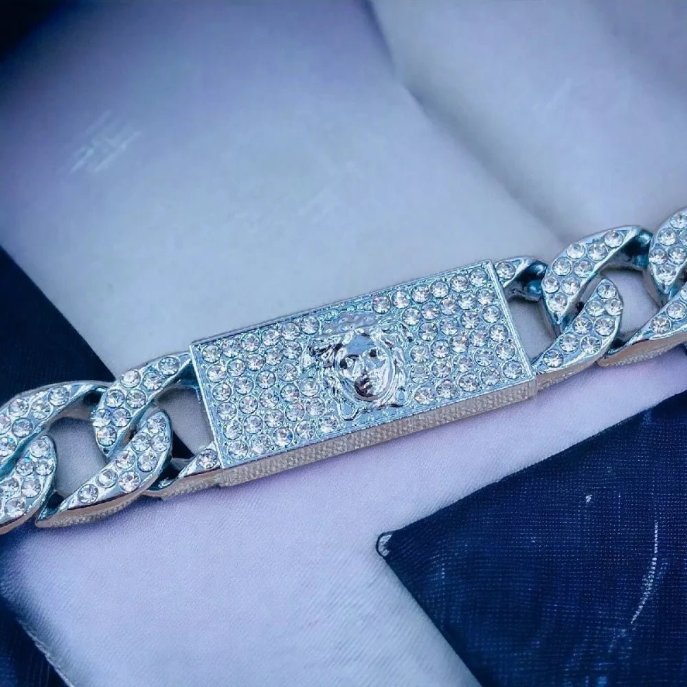 Men's Hip Hop Iced Out Gold Cuban Link Bracelet with Rhinestone - Studded Chunky ID Plate - Bracelets - Cadeau Craft
