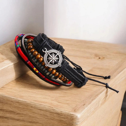 Men’s Premium Multi - Strand Bracelet: Black Leather with Wood Beads - Bracelets - Cadeau Craft