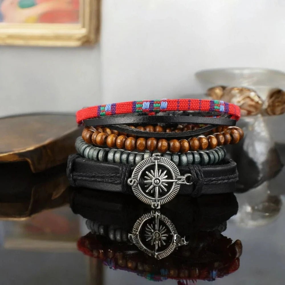 Men’s Premium Multi - Strand Bracelet: Black Leather with Wood Beads - Bracelets - Cadeau Craft