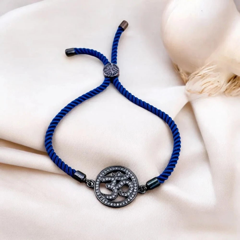 Om Copper American Diamond Bracelet for Women - Green & Blue Thread, Adjustable Fit - Bracelets - Cadeau Craft