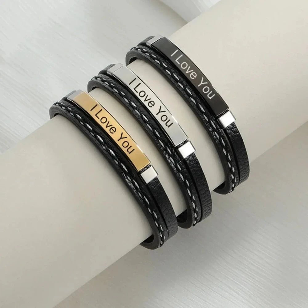 Personalized Men's ID Bracelet – Stainless Steel, Leather Wristband with Custom Laser Engraving - Bracelets - Cadeau Craft