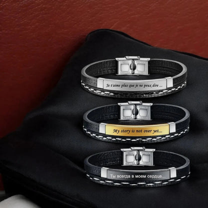 Personalized Men's ID Bracelet – Stainless Steel, Leather Wristband with Custom Laser Engraving - Bracelets - Cadeau Craft