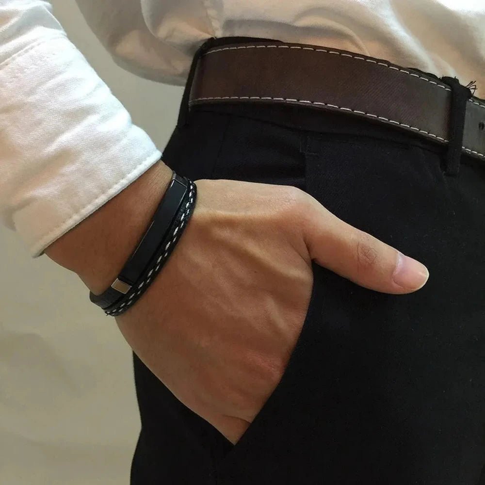 Personalized Men's ID Bracelet – Stainless Steel, Leather Wristband with Custom Laser Engraving - Bracelets - Cadeau Craft