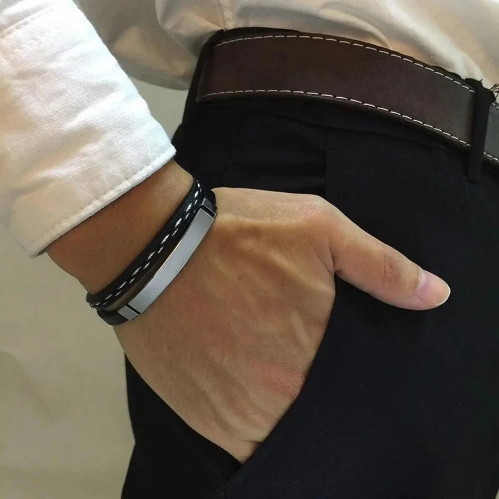 Personalized Men's ID Bracelet – Stainless Steel, Leather Wristband with Custom Laser Engraving - Bracelets - Cadeau Craft