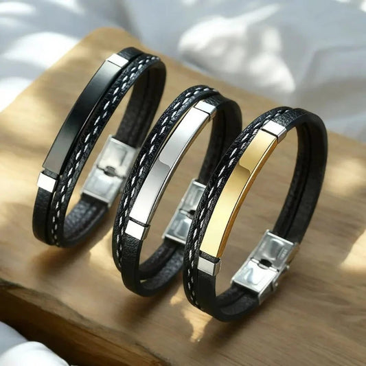 Personalized Men's ID Bracelet – Stainless Steel, Leather Wristband with Custom Laser Engraving - Bracelets - Cadeau Craft