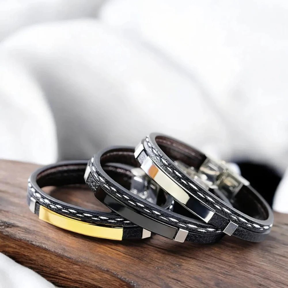Personalized Men's ID Bracelet – Stainless Steel, Leather Wristband with Custom Laser Engraving - Bracelets - Cadeau Craft