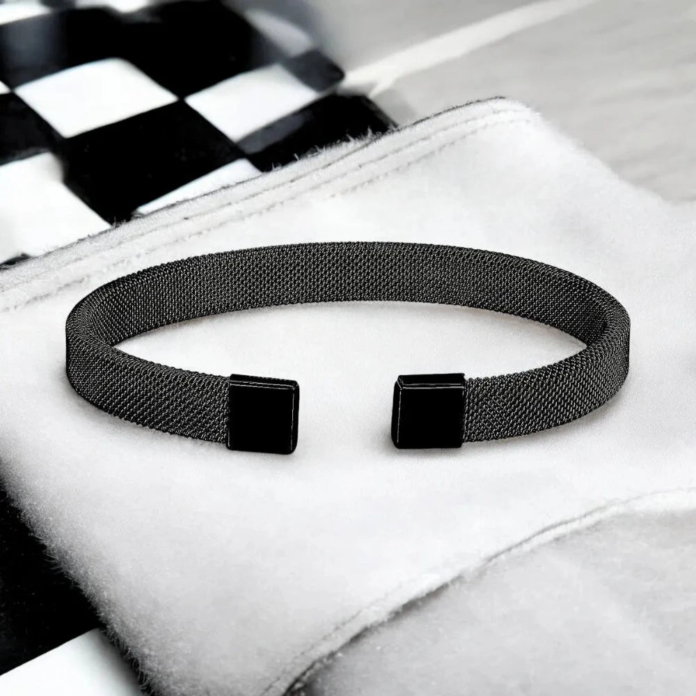 Slim Mesh Black 316L Stainless Steel Cuff Kada Bracelet for Men - Cuff & Kada - Cadeau Craft